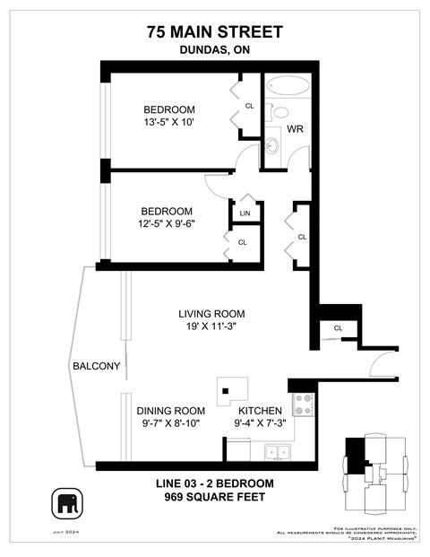 Floor plan for 2 beds, 1 bath, 959 sqft